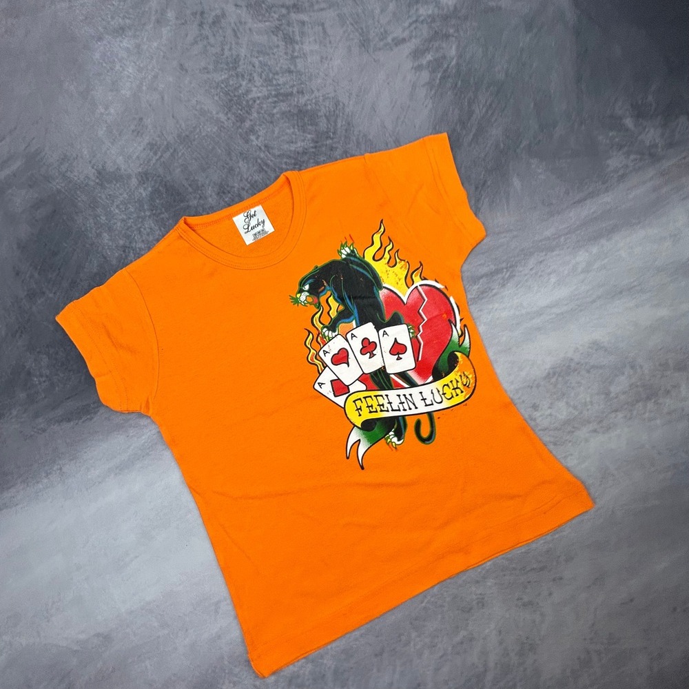 Get Lucky Orange Panther Graphic T-Shirt Y2K Slim Fit Baby Tee Mens Medium - Picture 3 of 7